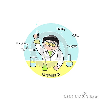 Vector illustration boy pupil holds chemical experiments Vector Illustration